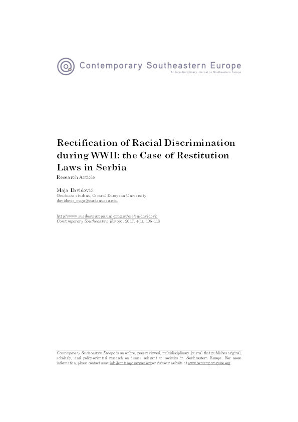 Rectification of Racial Discrimination during WWII: the Case of Restitution Laws in Serbia Thumbnail