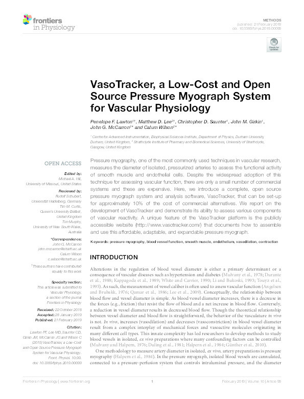 VasoTracker, a Low-Cost and Open Source Pressure Myograph System for Vascular Physiology Thumbnail