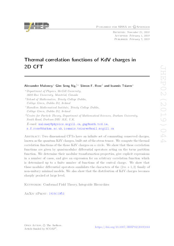 Thermal correlation functions of KdV charges in 2D CFT Thumbnail