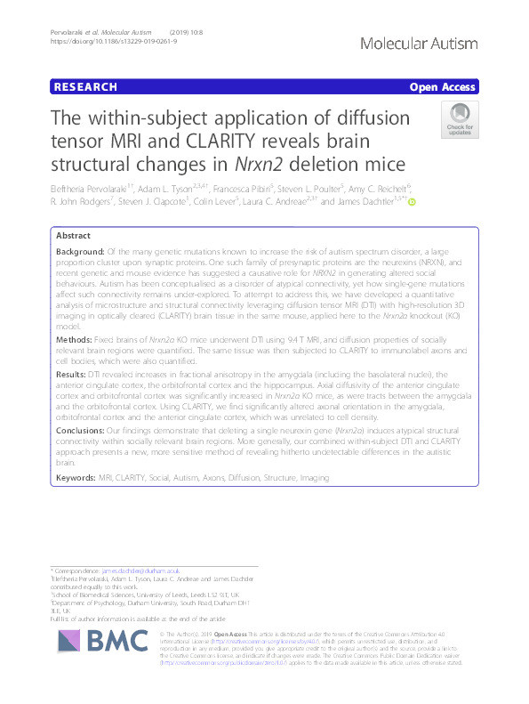 The within-subject application of diffusion tensor MRI and CLARITY reveals brain structural changes in Nrxn2 deletion mice Thumbnail