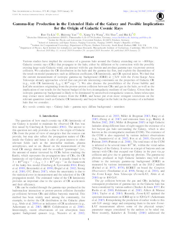 Gamma-Ray Production in the Extended Halo of the Galaxy and Possible Implications for the Origin of Galactic Cosmic Rays Thumbnail