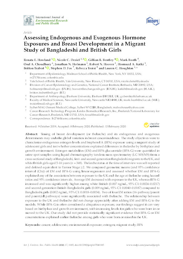 Assessing Endogenous and Exogenous Hormone Exposures and Breast Development in a Migrant Study of Bangladeshi and British Girls Thumbnail