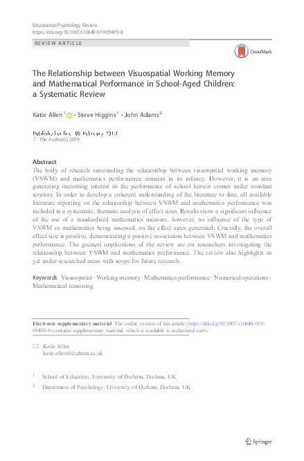 The Relationship between Visuospatial Working Memory and Mathematical Performance in School-Aged Children: a Systematic Review Thumbnail