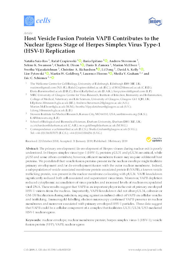 Host Vesicle Fusion Protein VAPB Contributes to the Nuclear Egress Stage of Herpes Simplex Virus Type-1 (HSV-1) Replication Thumbnail