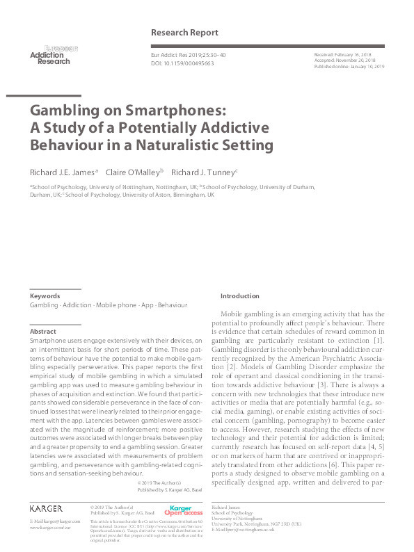 Gambling on Smartphones: A Study of a Potentially Addictive Behaviour in a Naturalistic Setting Thumbnail