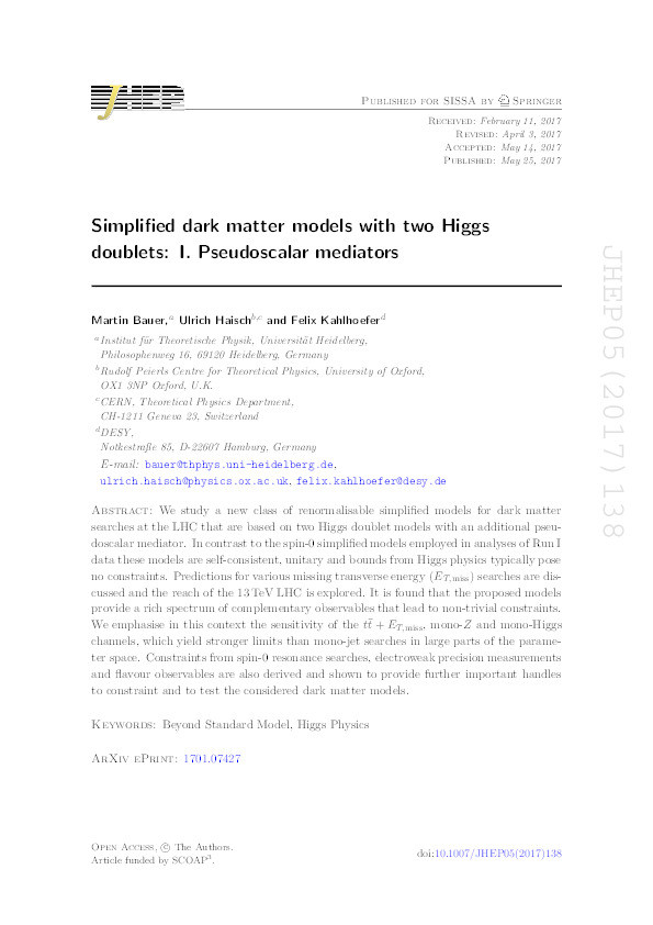 Simplified dark matter models with two Higgs doublets: I. Pseudoscalar mediators Thumbnail