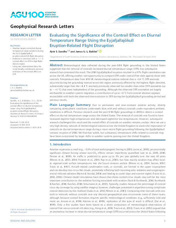 Evaluating the significance of the contrail effect on diurnal temperature range using the Eyjafjallajökull eruption-related flight disruption Thumbnail