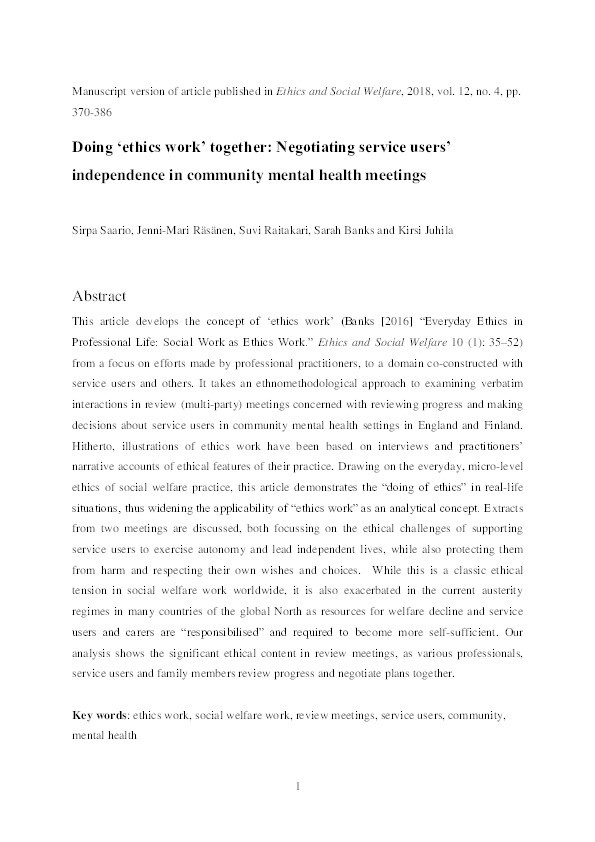 Doing ‘Ethics Work’ Together: Negotiating Service Users’ Independence in Community Mental Health Meetings Thumbnail