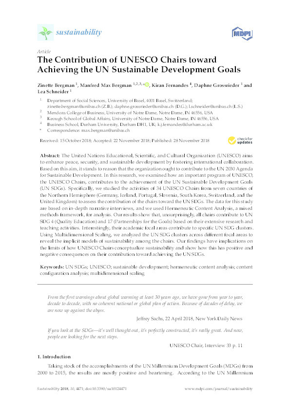 The Contribution of UNESCO Chairs toward achieving the UN Sustainable Development Goals Thumbnail