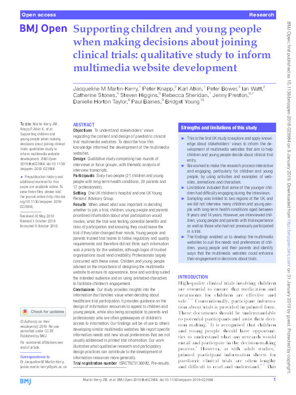Supporting children and young people when making decisions about joining clinical trials: qualitative study to inform multimedia website development Thumbnail