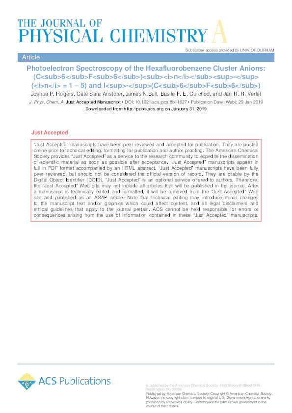 Photoelectron Spectroscopy of the Hexafluorobenzene Cluster Anions: (C₆F₆)<sub>n</sub><sup>−</sup> (n = 1 – 5) and I<sup>−</sup>(C₆F₆) Thumbnail