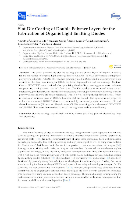 Slot-Die Coating of Double Polymer Layers for the Fabrication of Organic Light Emitting Diodes Thumbnail