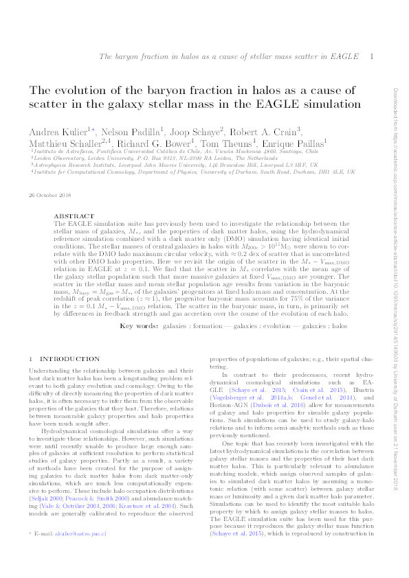The evolution of the baryon fraction in halos as a cause of scatter in the galaxy stellar mass in the EAGLE simulation Thumbnail