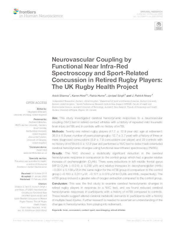 Neurovascular Coupling by Functional Near Infra-Red Spectroscopy and Sport-Related Concussion in Retired Rugby Players: The UK Rugby Health Project Thumbnail