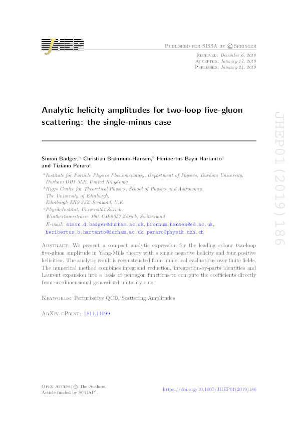 Analytic helicity amplitudes for two-loop five-gluon scattering: the single-minus case Thumbnail