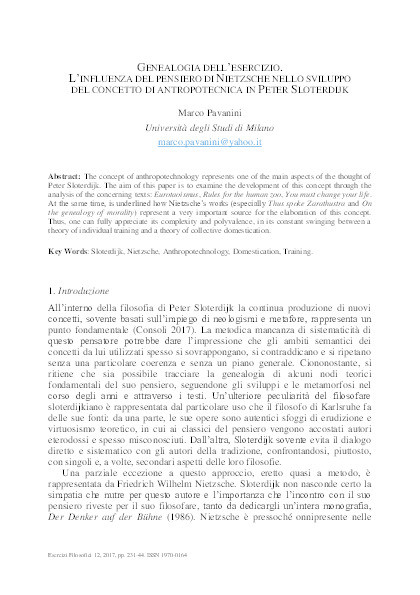 Genealogia dell’esercizio. L’influenza del pensiero di Nietzsche nello sviluppo del concetto di antropotecnica in Peter Sloterdijk Thumbnail