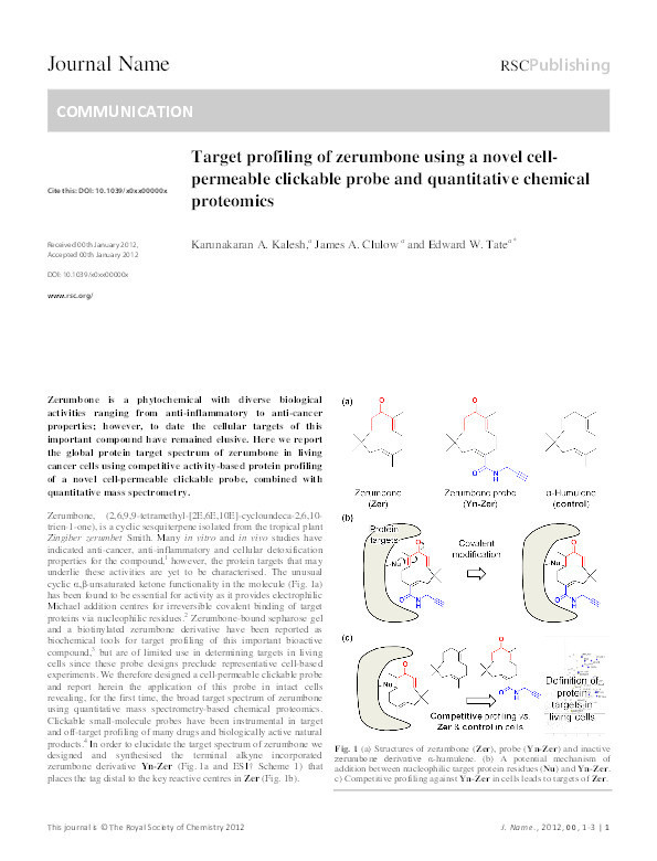 Target profiling of zerumbone using a novel cell-permeable clickable probe and quantitative chemical proteomics Thumbnail