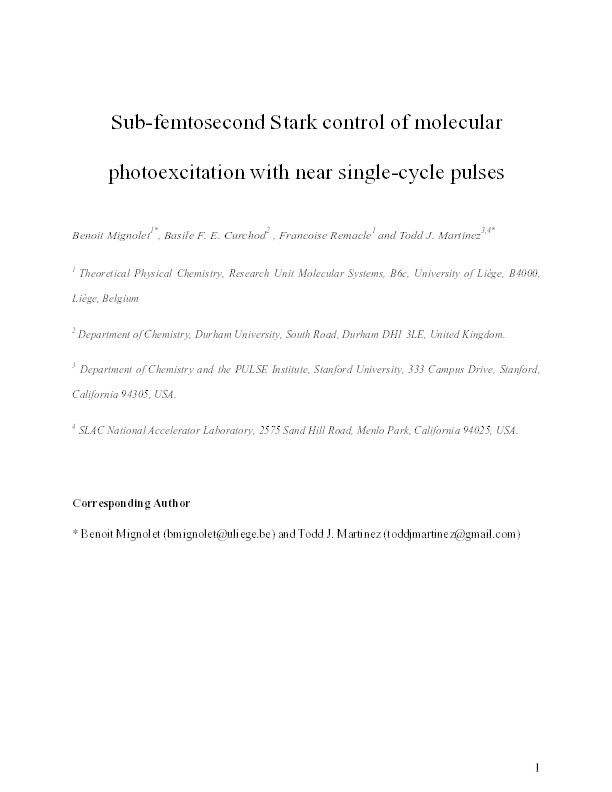 Sub-Femtosecond Stark Control of Molecular Photoexcitation With Near Single-Cycle Pulses Thumbnail