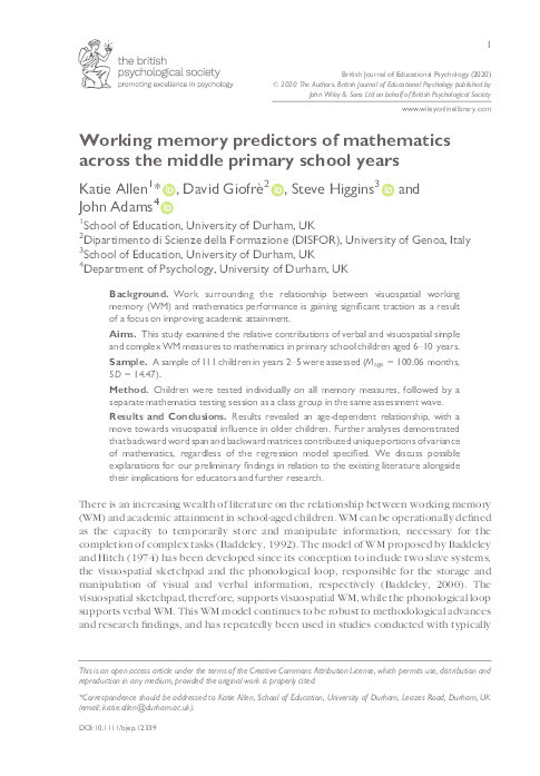 Working memory predictors of mathematics across the middle primary school years Thumbnail