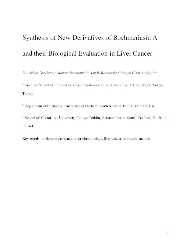 Synthesis of new derivatives of boehmeriasin A and their biological evaluation in liver cancer Thumbnail