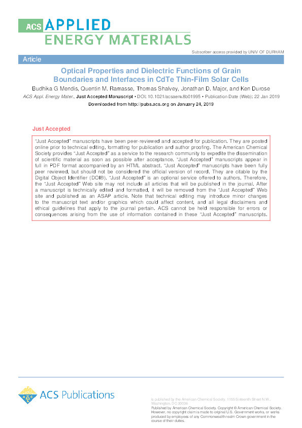 Optical Properties and Dielectric Functions of Grain Boundaries and Interfaces in CdTe Thin-Film Solar Cells Thumbnail