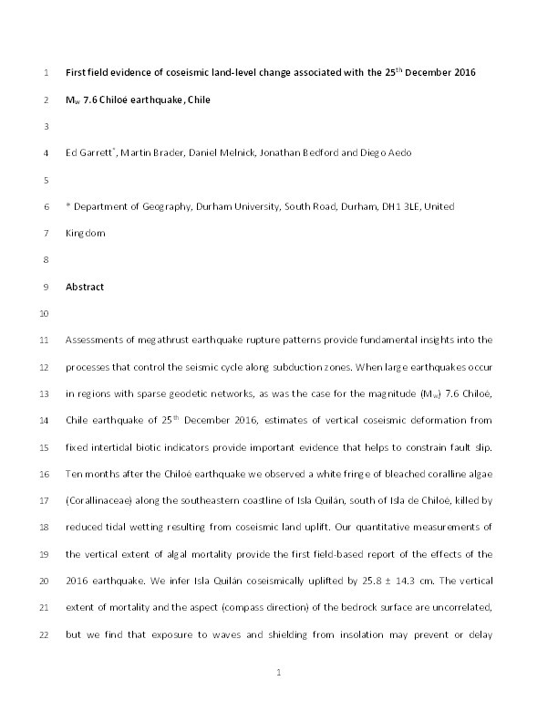 First field evidence of coseismic land-level change associated with the 25th December 2016 Mw 7.6 Chiloé earthquake, Chile Thumbnail