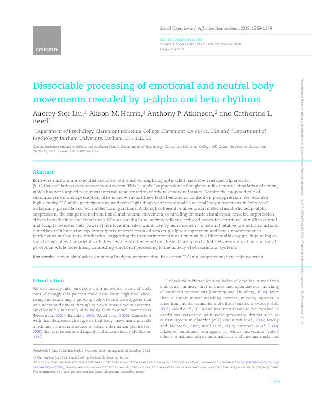 Dissociable Processing of Emotional and Neutral Body Movements Revealed by μ-Alpha and Beta Rhythms Thumbnail