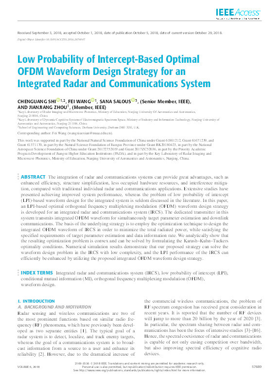 Low Probability of Intercept-Based Optimal OFDM Waveform Design Strategy for an Integrated Radar and Communications System Thumbnail