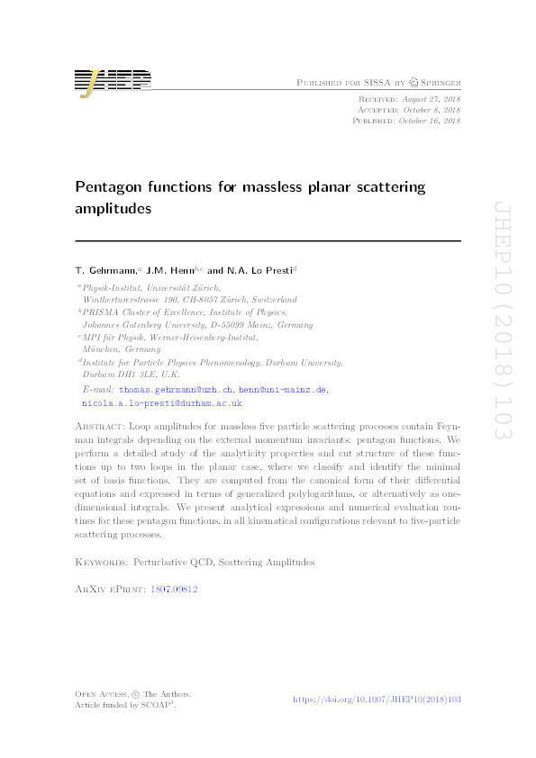 Pentagon functions for massless planar scattering amplitudes Thumbnail