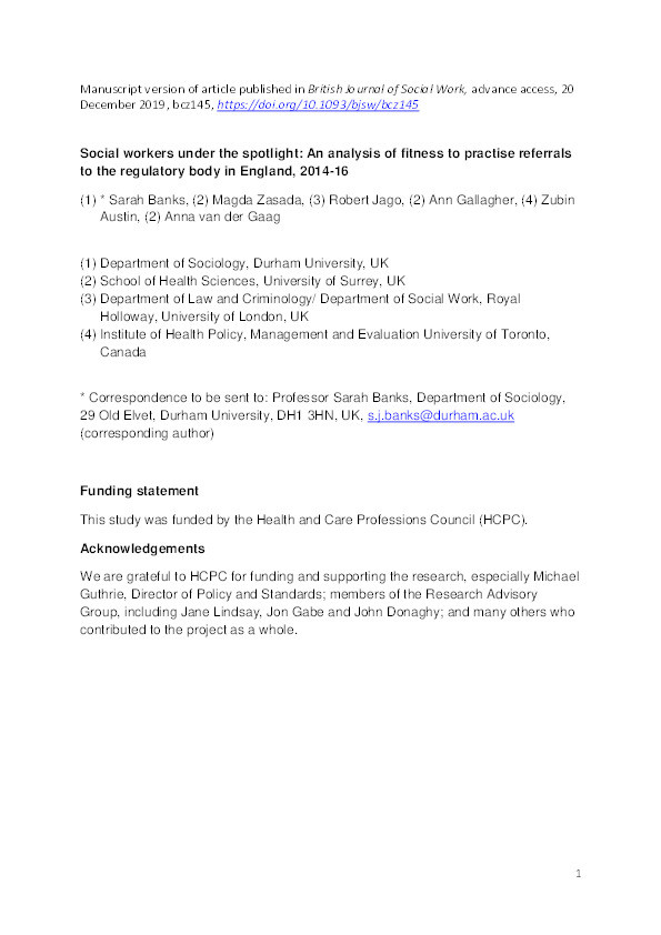 Social Workers under the Spotlight: An Analysis of Fitness to Practise Referrals to the Regulatory Body in England, 2014–2016 Thumbnail