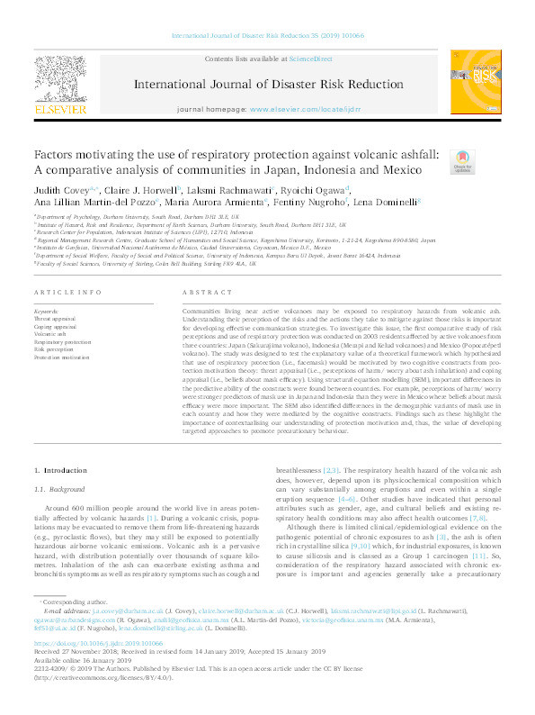 Factors motivating the use of respiratory protection against volcanic ashfall : a comparative analysis of communities in Japan, Indonesia and Mexico Thumbnail