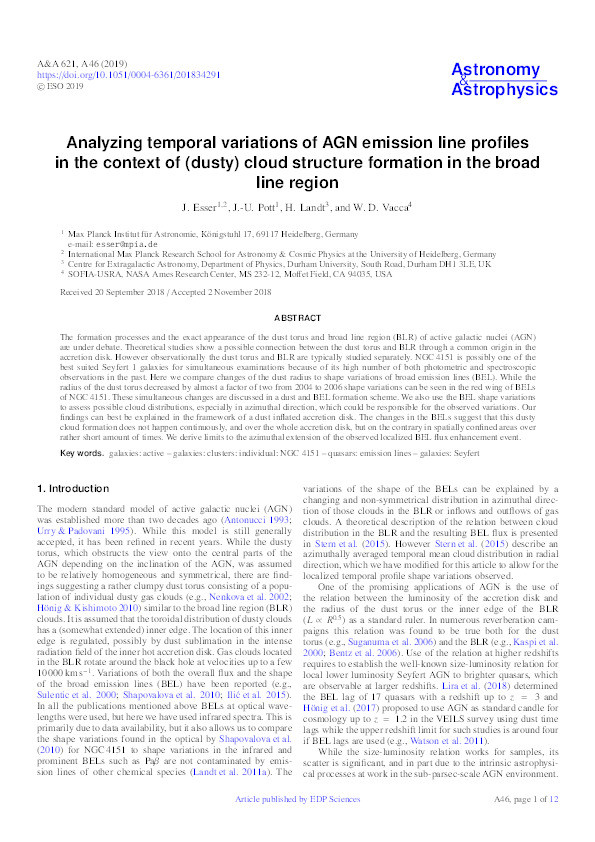 Analyzing temporal variations of AGN emission line profiles in the context of (dusty) cloud structure formation in the broad line region Thumbnail