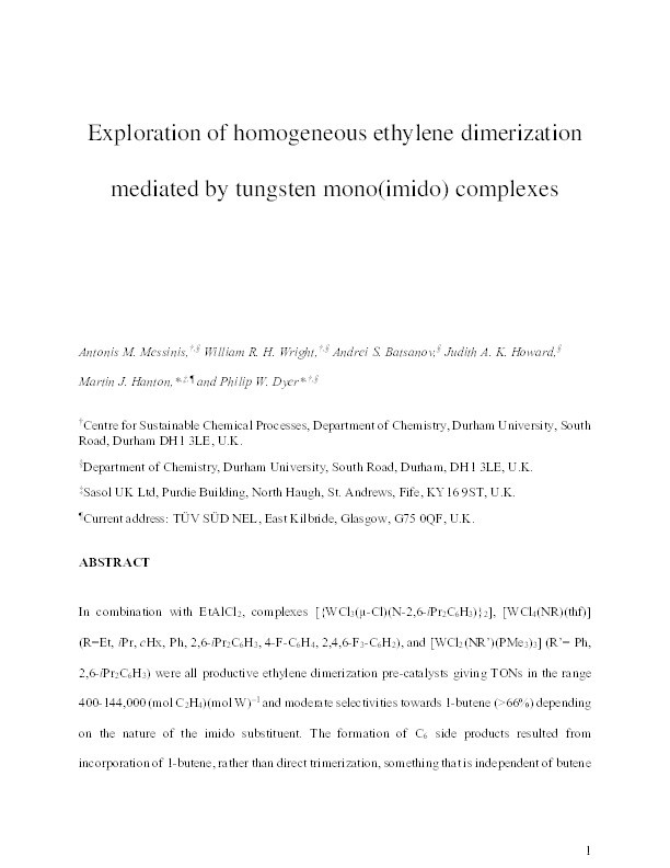Exploration of Homogeneous Ethylene Dimerization Mediated by Tungsten Mono(imido) Complexes Thumbnail