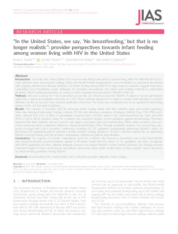 “In the United States, we say, ‘No breastfeeding,’ but that is no longer realistic” : provider perspectives towards infant feeding among women living with HIV in the United States Thumbnail