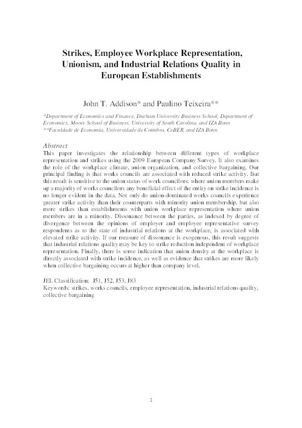 Strikes, Employee Workplace Representation, Unionism, and Industrial Relations Quality in European Establishments Thumbnail