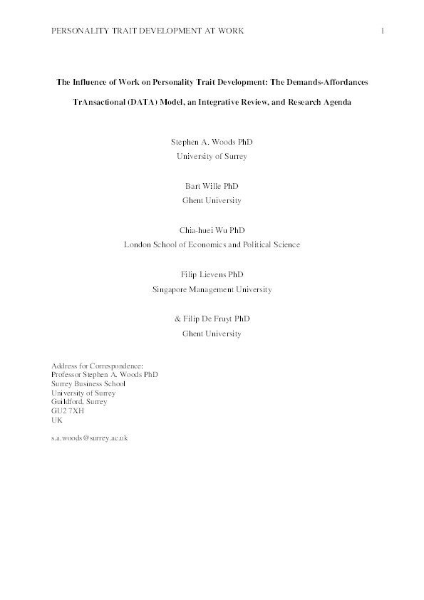 The Influence of Work on Personality Trait Development: The Demands-Affordances TrAnsactional (DATA) Model, an Integrative Review, and Research Agenda Thumbnail