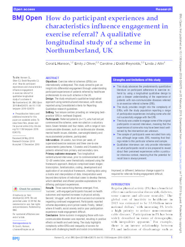 How do participant experiences and characteristics influence engagement in exercise referral? A qualitative longitudinal study of a scheme in Northumberland, United Kingdom Thumbnail