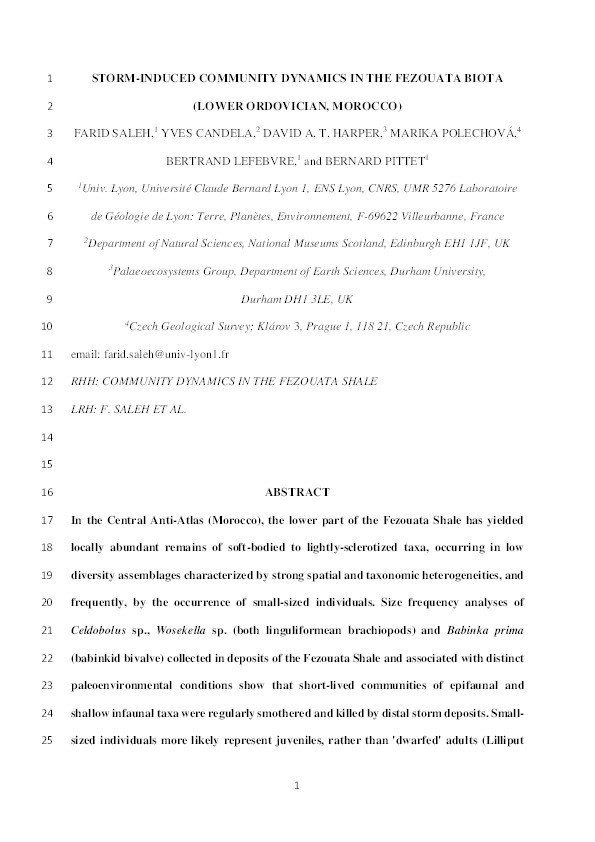 Storm-induced community dynamics in the Fezouata Biota (Lower Ordovician, Morocco) Thumbnail