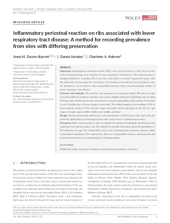 Inflammatory periosteal reaction on ribs associated with lower respiratory tract disease: A method for recording prevalence from sites with differing preservation Thumbnail