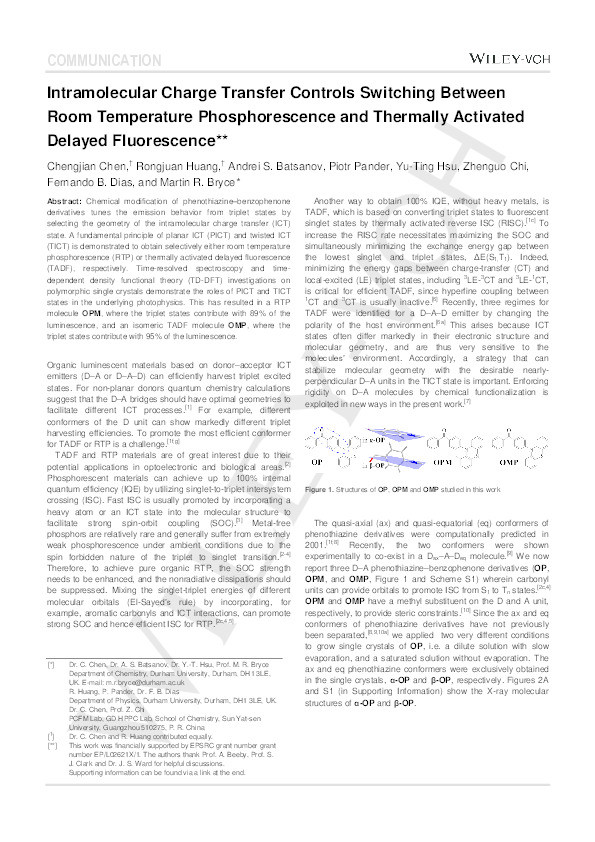 Intramolecular Charge Transfer Controls Switching Between Room Temperature Phosphorescence and Thermally Activated Delayed Fluorescence Thumbnail
