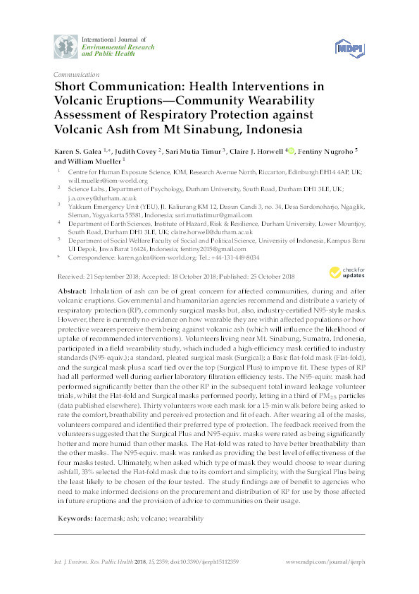 Health Interventions in Volcanic Eruptions—Community Wearability Assessment of Respiratory Protection against Volcanic Ash from Mt Sinabung, Indonesia Thumbnail