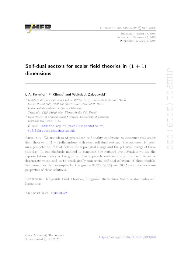 Self-dual sectors for scalar field theories in (1 + 1) dimensions Thumbnail