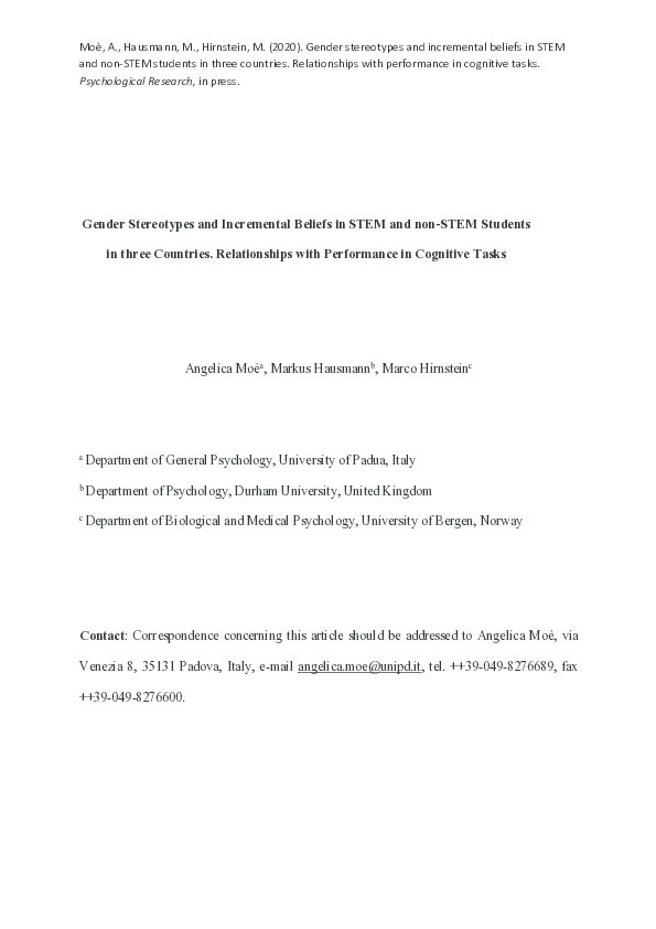 Gender Stereotypes and Incremental Beliefs in STEM and non-STEM Students in Three Countries: Relationships with Performance in Cognitive Tasks Thumbnail