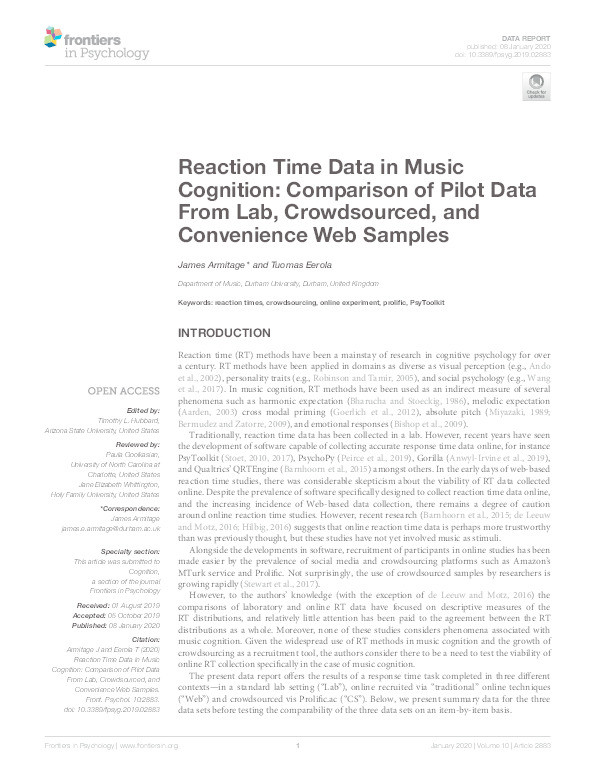 Reaction Time Data in Music Cognition: Comparison of Pilot Data From Lab, Crowdsourced, and Convenience Web Samples Thumbnail