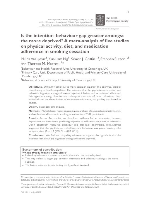 Is the intention-behaviour gap greater amongst the more deprived? A meta-analysis of five studies on physical activity, diet, and medication adherence in smoking cessation Thumbnail