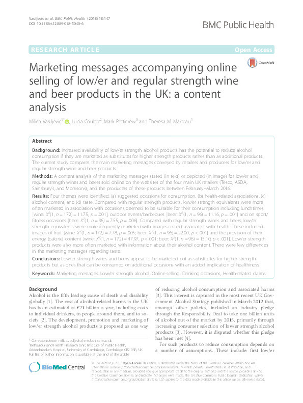 Marketing messages accompanying online selling of low/er and regular strength wine and beer products in the UK: a content analysis Thumbnail