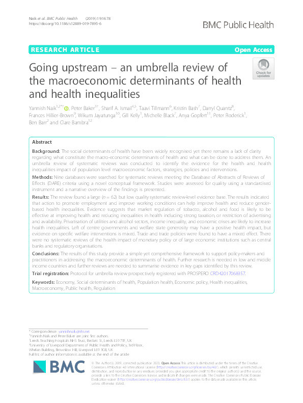 Going upstream – an umbrella review of the macroeconomic determinants of health and health inequalities Thumbnail