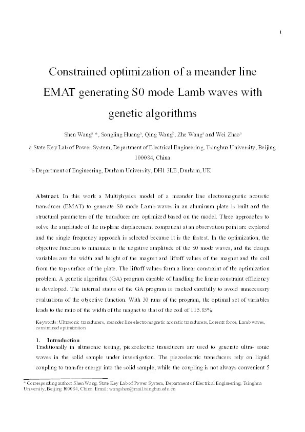 Constrained optimization of a meander line EMAT generating S0 mode Lamb waves with genetic algorithms Thumbnail