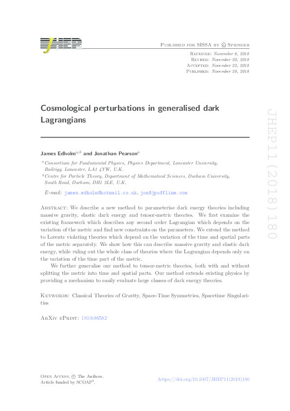 Cosmological perturbations in generalised dark Lagrangians Thumbnail