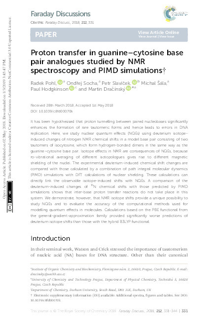 Proton transfer in guanine–cytosine base pair analogues studied by NMR spectroscopy and PIMD simulations Thumbnail